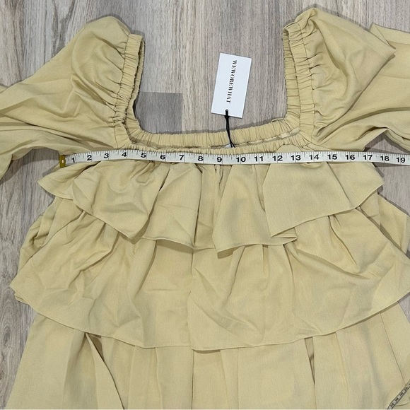 NWT WeWoreWhat Long Sleeve Tiered Mini Dress Crinkle Chiffon Wheat Beige Size S - Picture 3 of 10